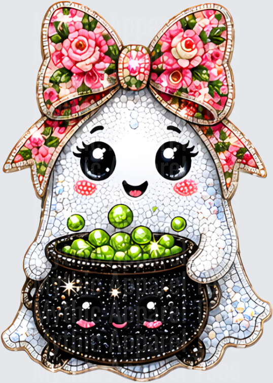Halloween Bling Cute Kawaii Ghost Girl with Floral Bow and Witch Cauldron Mosaic Diamond Art Design