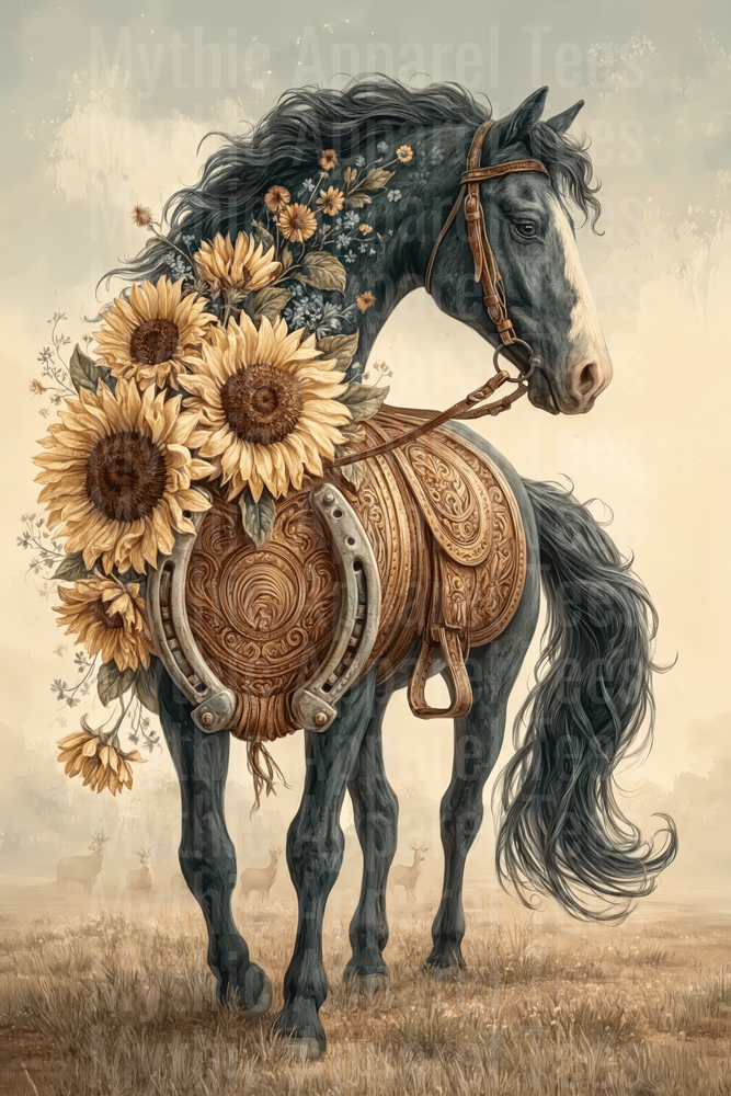 Dark Horse with Tooled Western Saddle Horseshoe and Sunflowers Boho Floral Country
