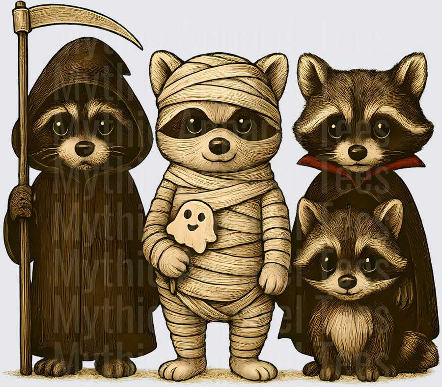Cute Raccoon Halloween Crew Grim Reaper Mummy Vampire Costumes Trio