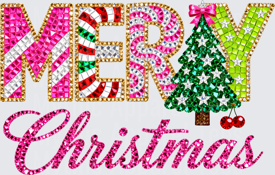 Merry Christmas Rhinestone Jewel Bling Candy Cane Tree Pink Glitter Holiday Design