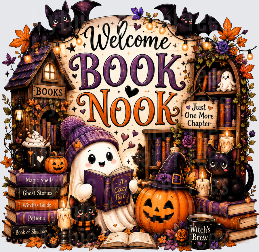 Welcome Book Nook Cute Ghost Reading Cozy Tale Halloween Bookshelf Black Cats Bats Pumpkins Just One More Chapter Witch's Brew Fall Autumn