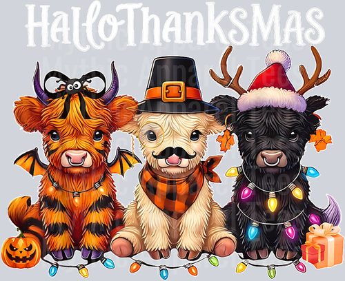 Happy Hallothanksmas Highland Cow Halloween Merry Christmas T-Shirt