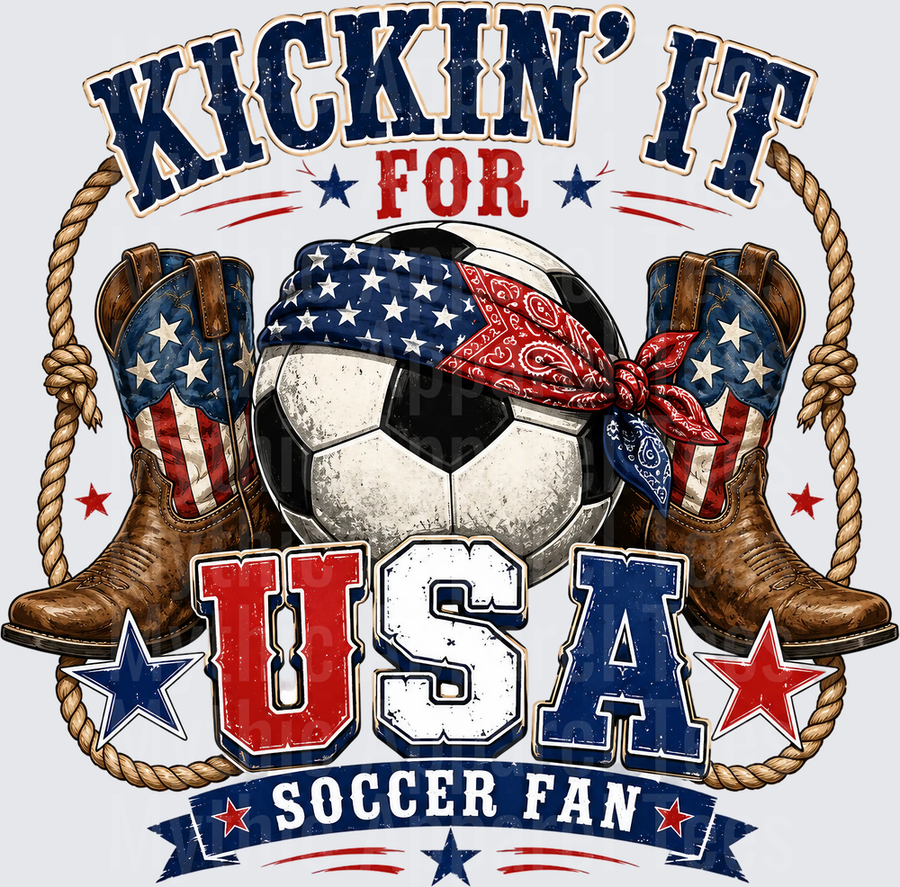 Kickin' It For USA Soccer Fan Patriotic Soccer Ball with American Flag Cowboy Boots and Red Bandana Western Stars and Rope Design