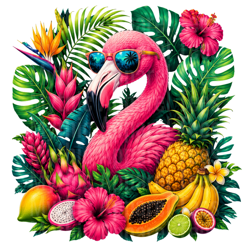 Flamingo Wearing Sunglasses Tropical Fruits and Flowers