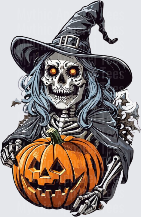 Skeleton Witch with Glowing Eyes and Jack-O-Lantern Pumpkin Halloween Gothic Horror Design
