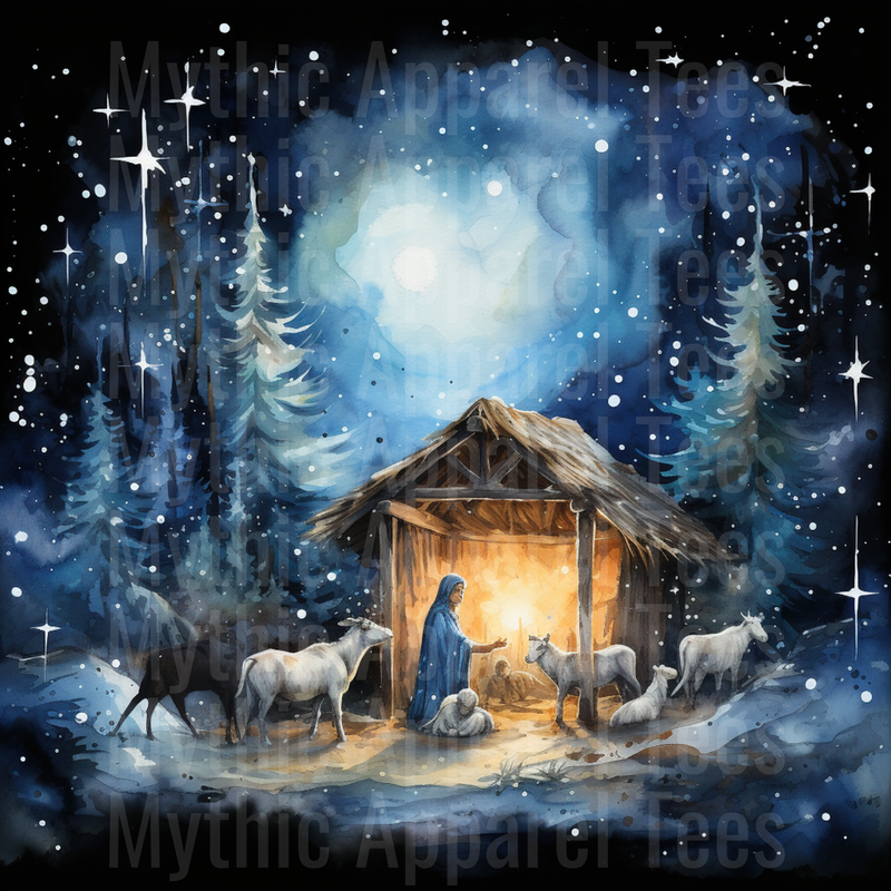 Nativity Scene Watercolor Starry Night Manger Mary Baby Jesus
