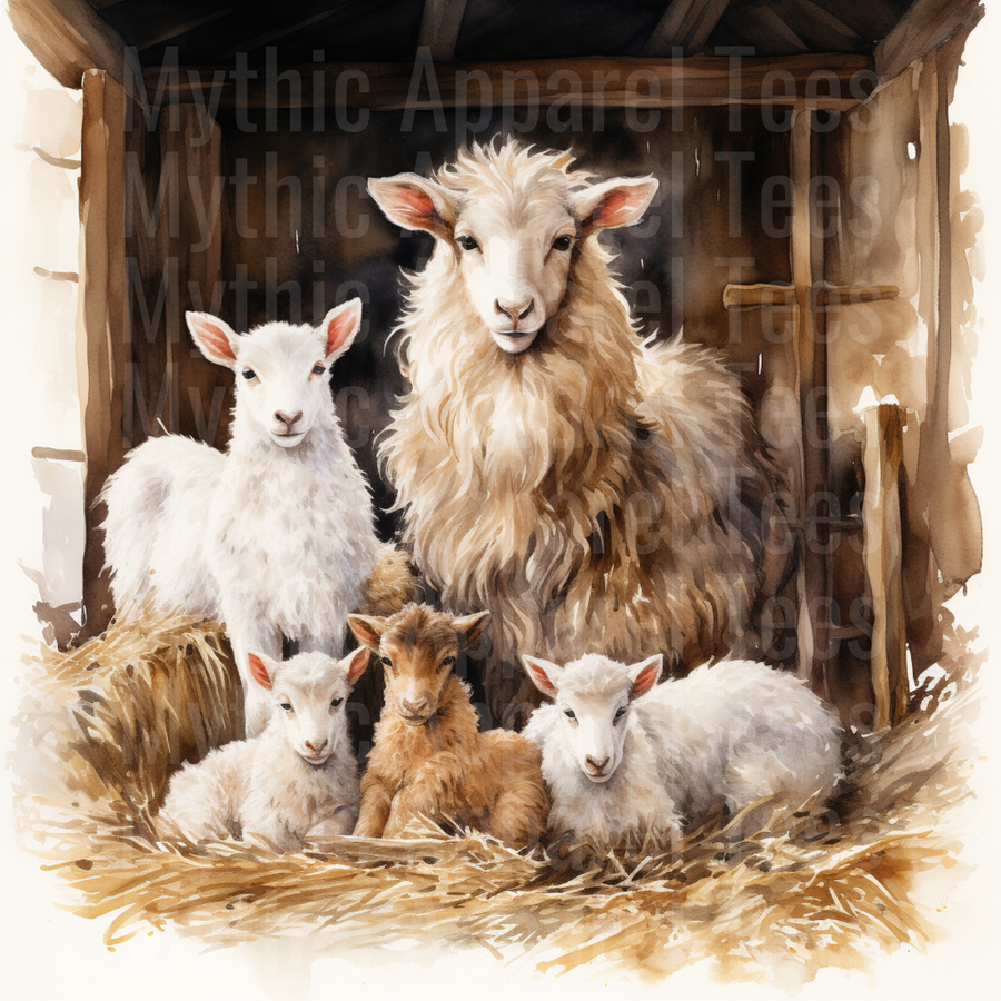 Nativity Ewe with Lambs Resting in Hay Watercolor Barn