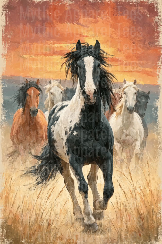 Wild Horse Herd Galloping Through Golden Prairie at Sunset Paint Stallion Leading the Charge Oil Painting Style