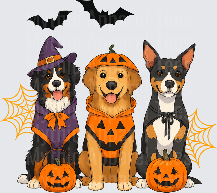 Three Halloween Dogs Bernese Mountain Dog Golden Retriever Doberman Witch Pumpkin Vampire Costumes Jack-O-Lanterns Bats Spider Webs