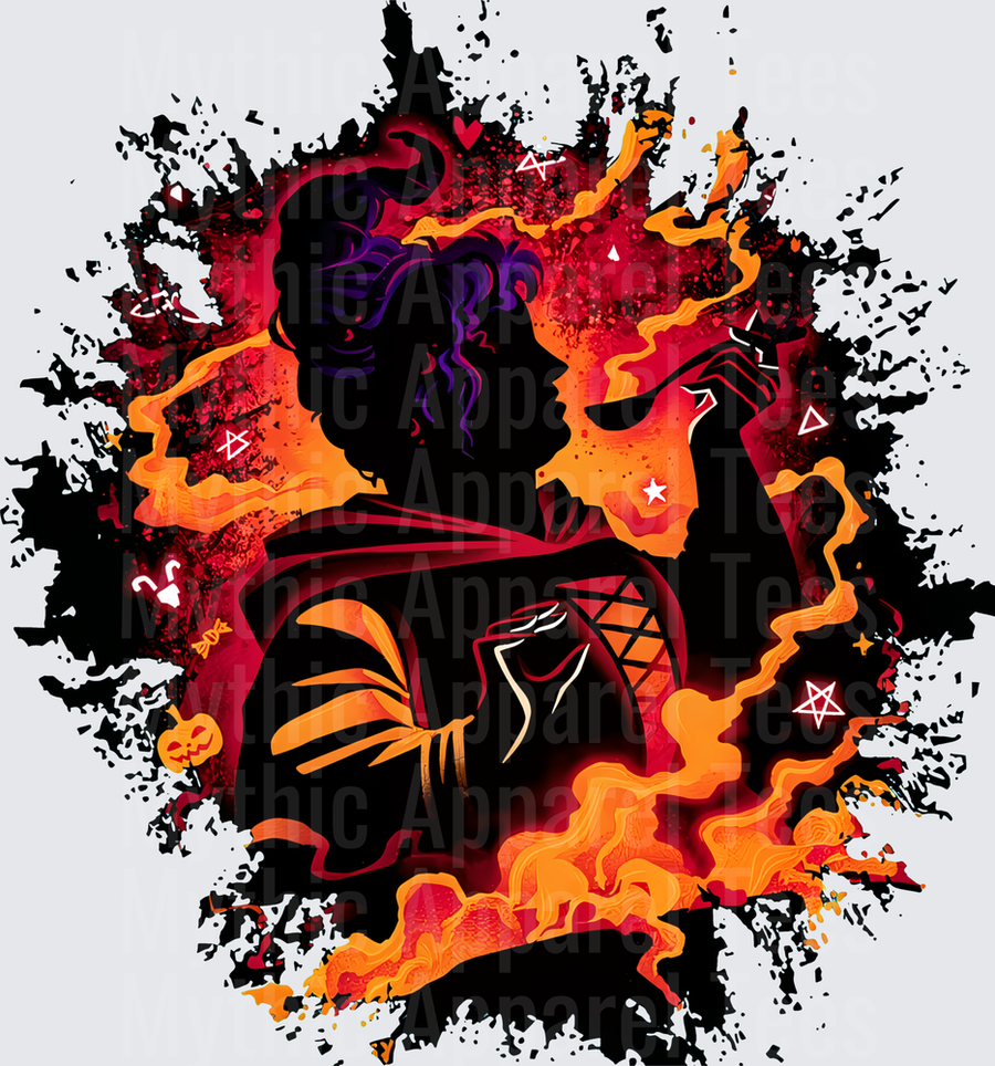 Dark Witch Silhouette Halloween Fire Splatter with Pumpkin Stars and Occult Symbols