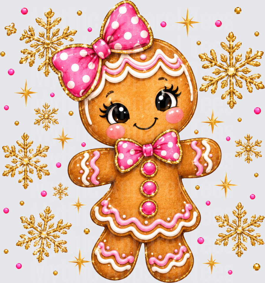 Cute Gingerbread Girl with Pink Polka Dot Bow Gold Snowflakes and Sparkles Christmas