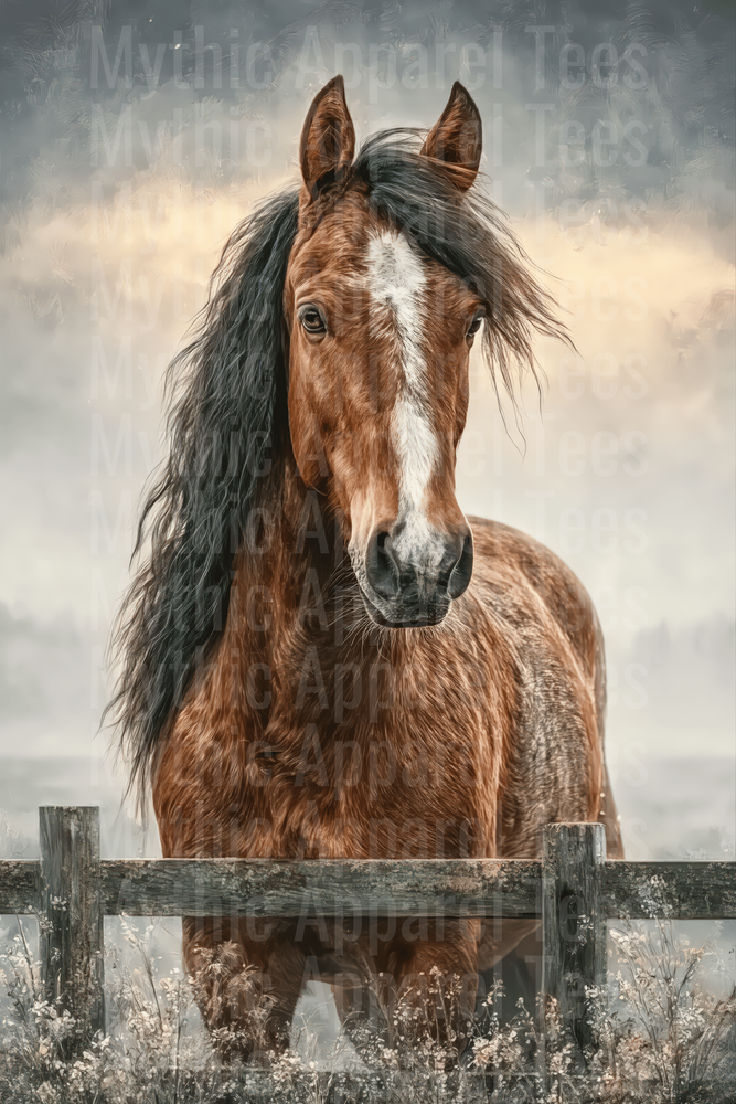 Majestic Bay Horse with White Blaze and Black Mane Standing at Rustic Wooden Fence in Misty Meadow