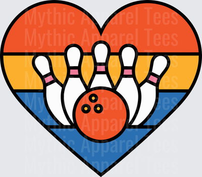 Bowling Heart with Pins and Ball Retro Sunset Stripes