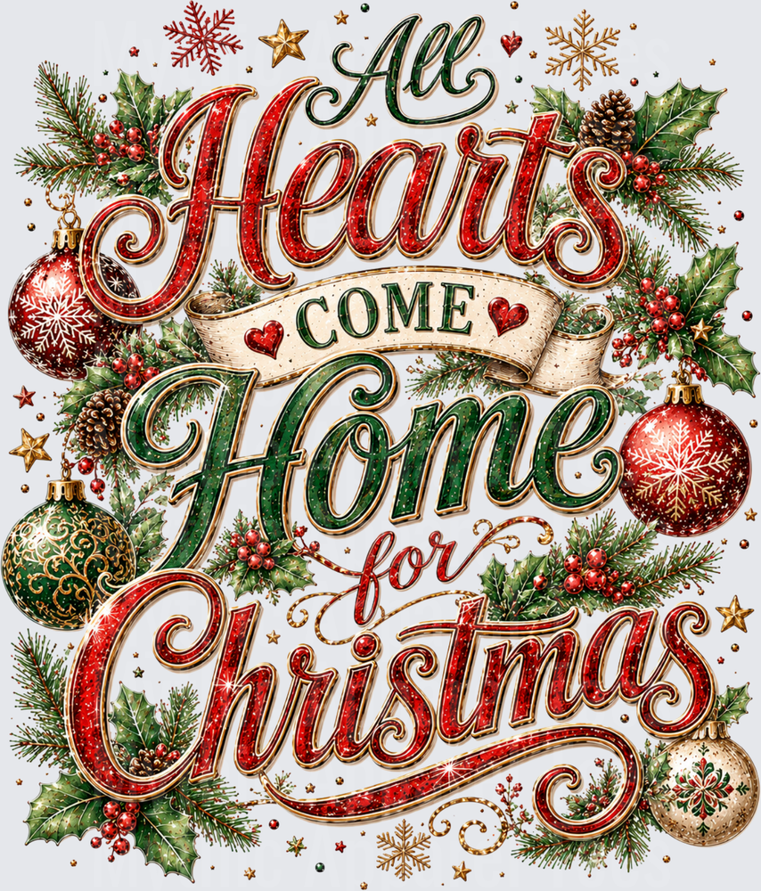 All Hearts Come Home for Christmas Festive Typography with Holly Ornaments and Pine Branches