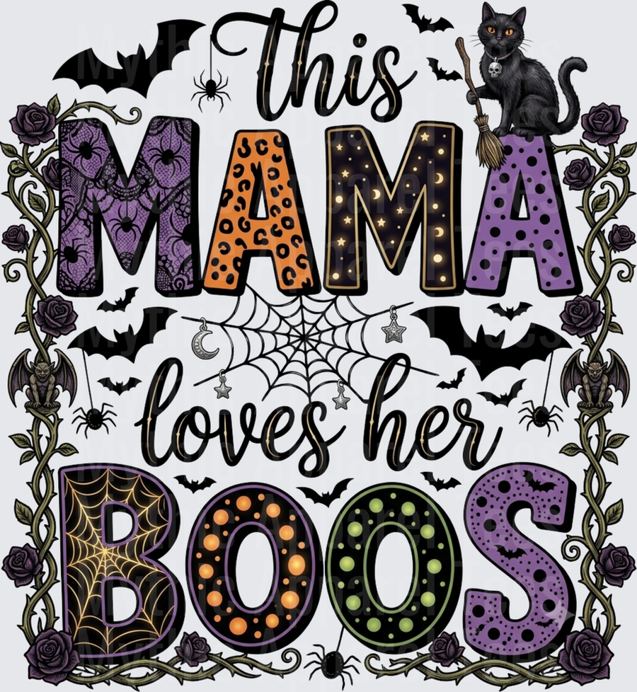 This Mama Loves Her Boos Halloween Black Cat Bats Spiderwebs Dark Floral Gothic Typography Design