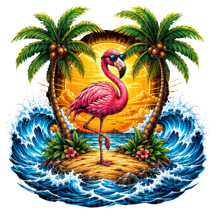 Flamingo Cool Shades Tropical Island Sunset Ocean Waves Palm Trees