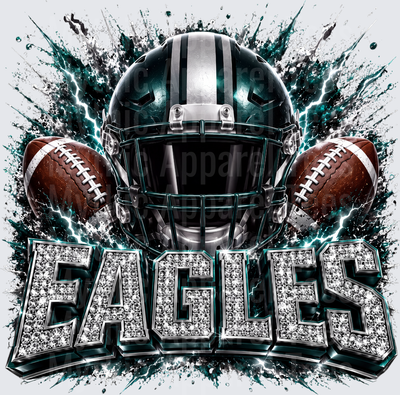 Rhinestone Style NFL Eagles Midnight Green Football Helmet with Dual Footballs and Lightning Bolt Explosion Diamond Glitter Text