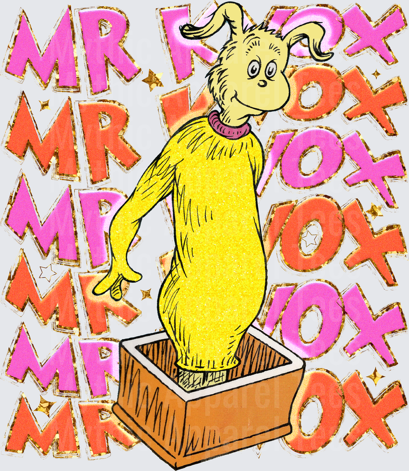 Mr. Knox Dr. Seuss Fox in Socks Character Standing in Box with Pink and Orange Repeating Text Background