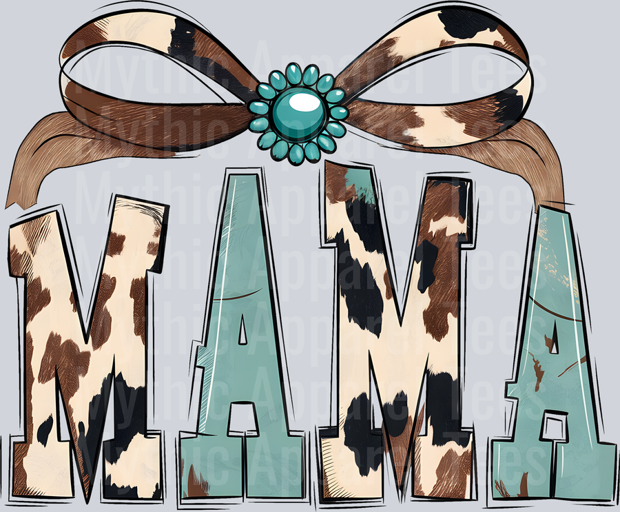 mama western cow print with pendant and teal DTF MOM Transfers
