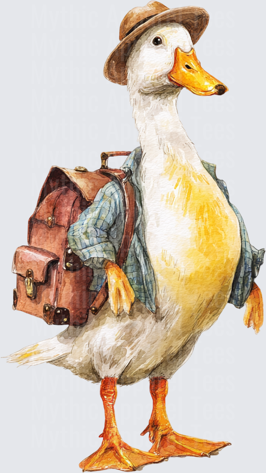 Watercolor Adventurer Duck Wearing Plaid Shirt Brown Hat and Leather Backpack