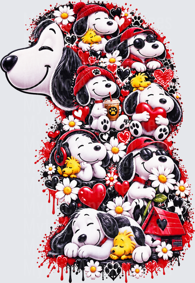 Snoopy and Woodstock Valentine Collage Red Hearts Daisies Paw Prints Drip Art