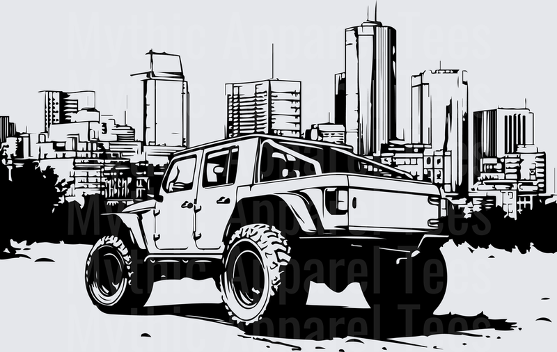 Off Road Jeep Wrangler City Skyline Black White Ink Art