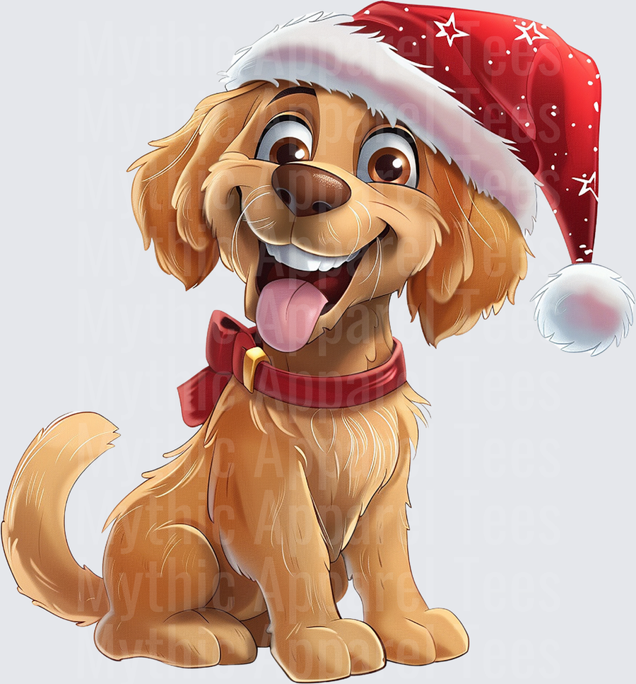 Cartoon Golden Retriever Puppy Wearing Santa Hat and Red Bow Collar with Happy Smile and Tongue Out Christmas Holiday