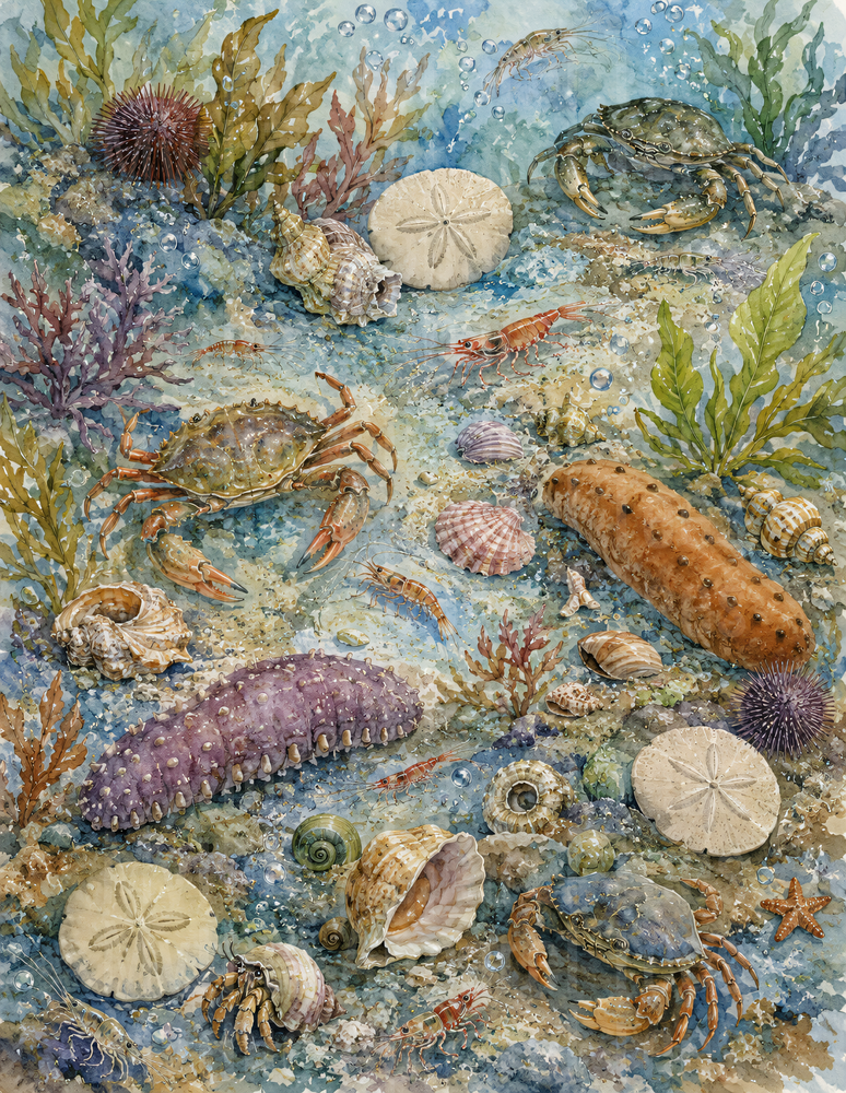 Ocean Animals Watercolor Tidepool Crabs Shells Sea Cucumbers