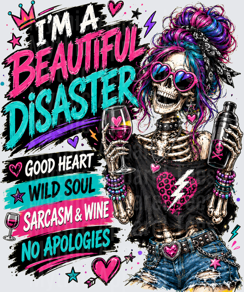 Sarcastic Skull Beautiful Disaster Messy Bun Skeleton Wine