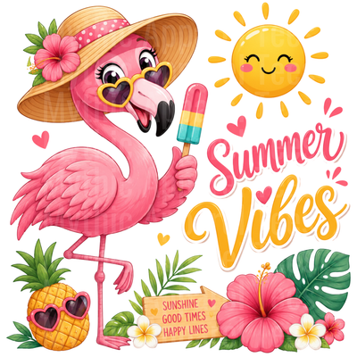 Flamingo Summer Vibes Sunshine Good Times Happy Lines Tropical