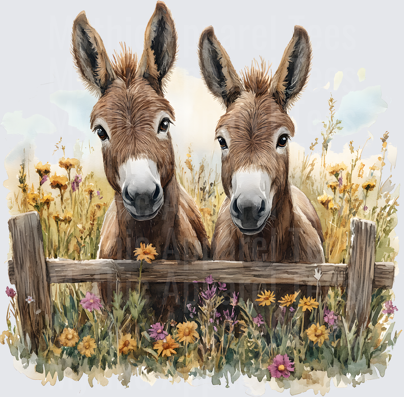 Farm Life and Farm Animals Two Donkeys Peeking Over Rustic Fence Wildflowers Watercolor