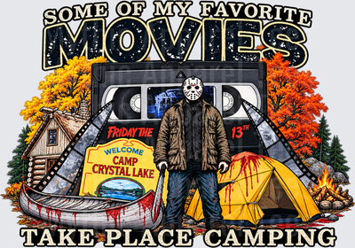 Some Of My Favorite Movies Take Place Camping Jason Voorhees Friday The 13th Camp Crystal Lake Horror VHS Vintage Camping Scene with Bloody Tent and Canoe