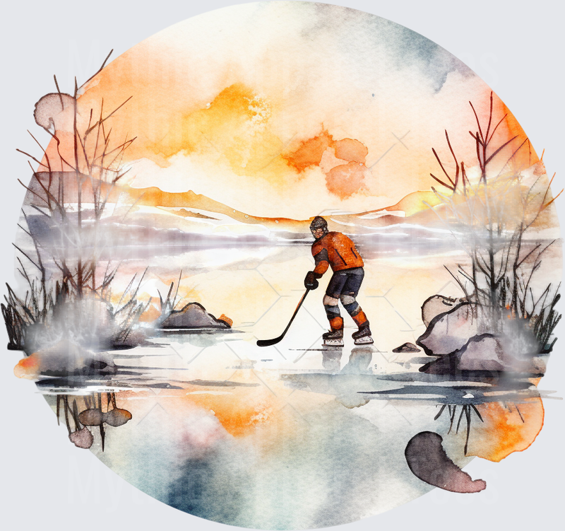 Ice Hockey Player Skating on Frozen Pond Watercolor Sunset