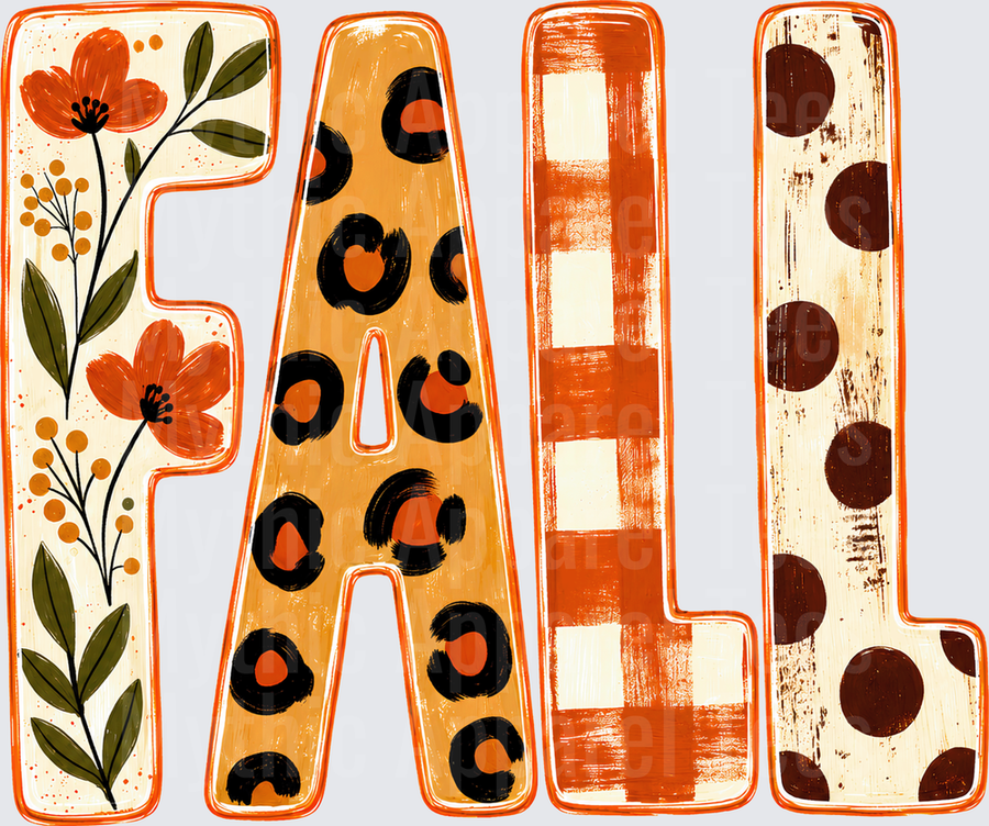 Fall Designs Mixed Pattern FALL Letters with Floral Botanical Wildflowers Leopard Print Buffalo Plaid and Polka Dot Autumn Typography