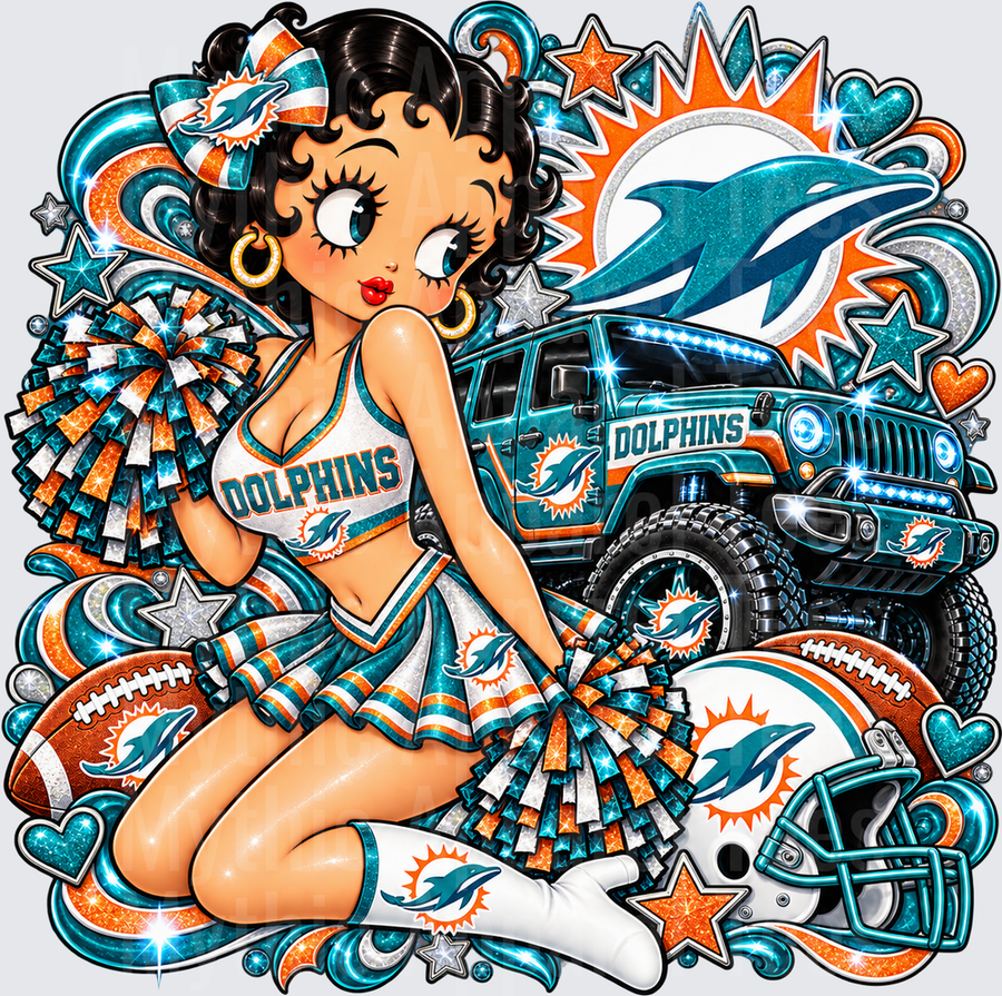 Betty Boop Miami Dolphins Cheerleader with Glitter Jeep and Team Logo Collage