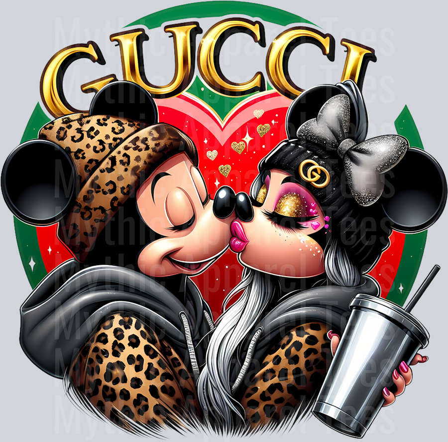 Mickey and Minnie kissing red heart Leopard Print Disney DTF Gucci Mickey Transfers
