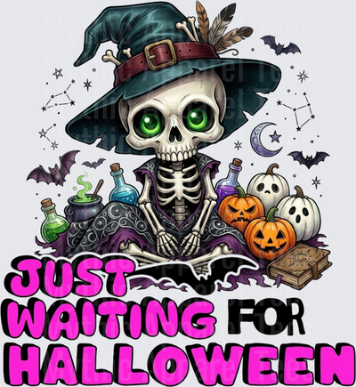 Just Waiting For Halloween Witch Skeleton with Green Eyes Potions Pumpkins and Bats