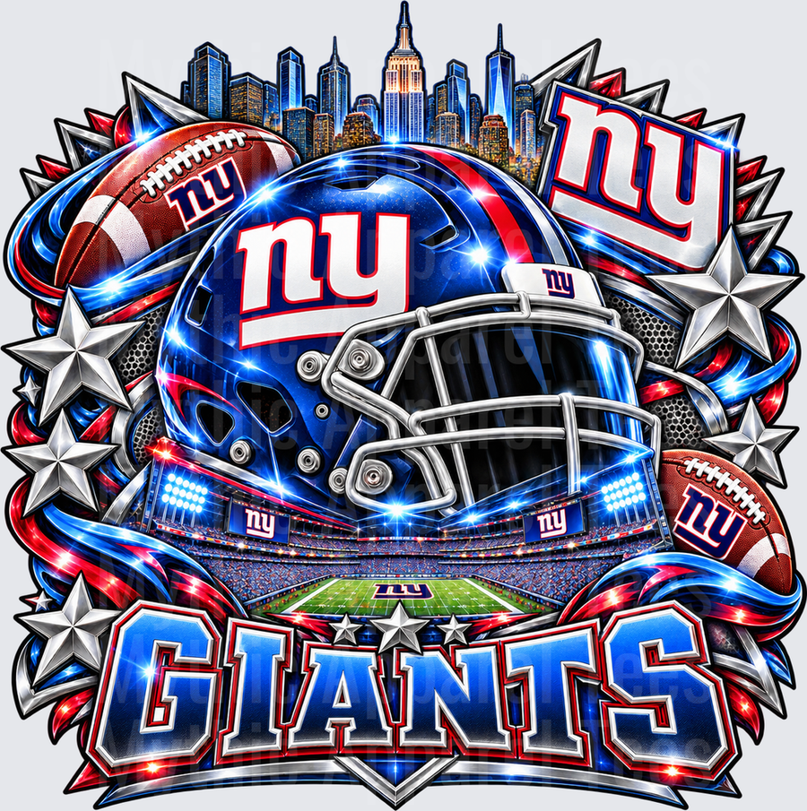 New York Giants Bold Blue Helmet Stadium Skyline Stars and Footballs Graphic Design