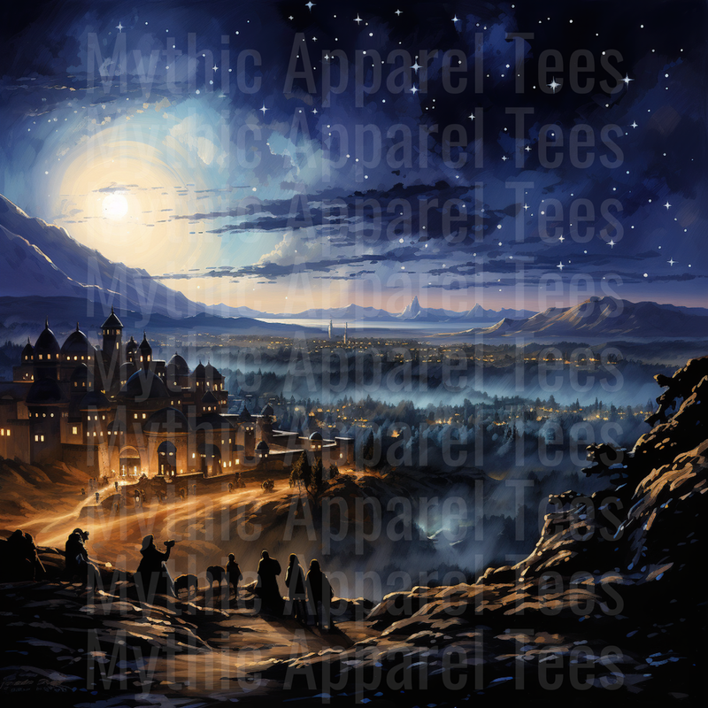 Nativity Biblical Magi Journey to Ancient City Under Starry Sky