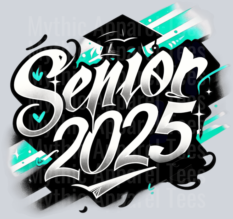 0022 Senior 2025 Airbrushed Mint and Black DTF 2025 Senior Graduation Transfers