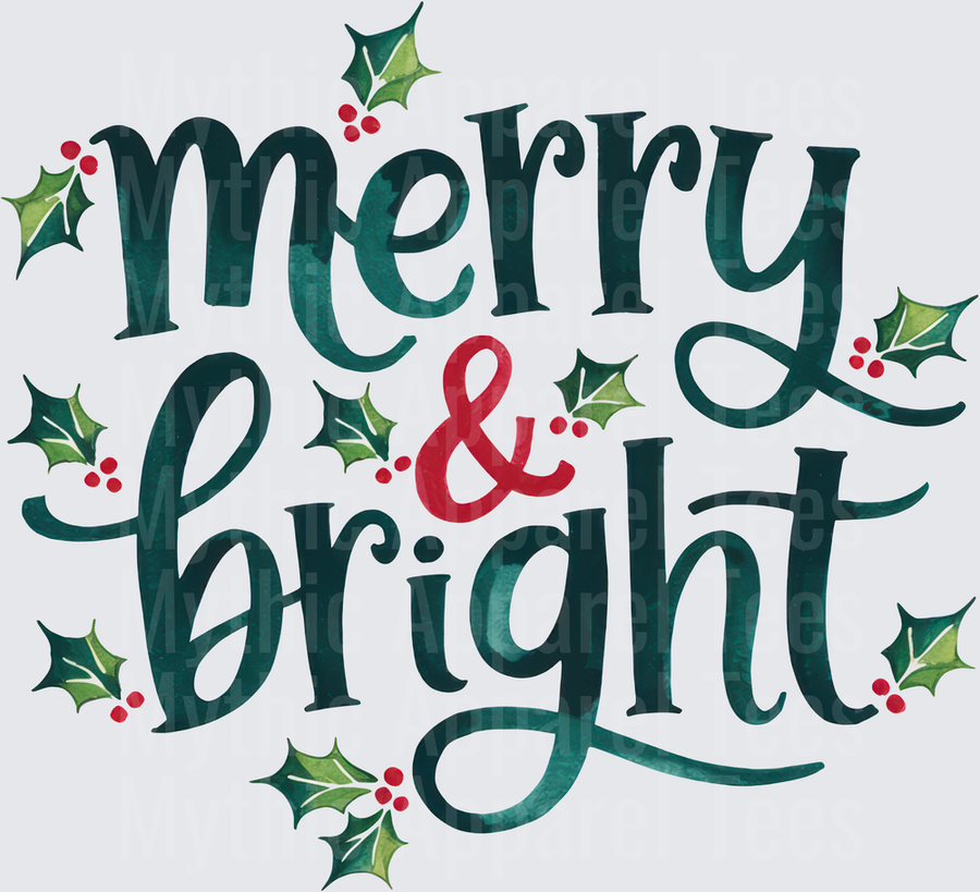Merry & Bright Watercolor Script with Holly Berries Christmas Holiday Typography