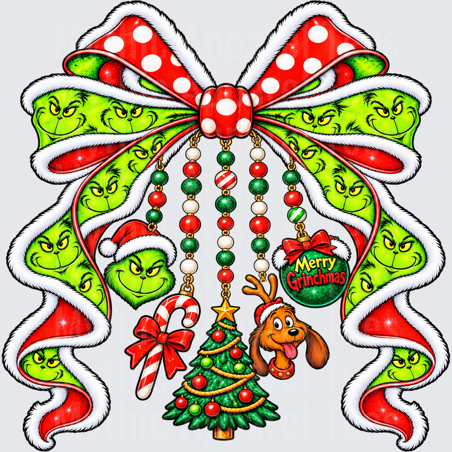 Grinch Merry Grinchmas Bow with Max the Dog Christmas Tree Candy Cane and Holiday Bead Charms