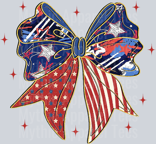 Red White and Blue bow with gold outline and drawn stars DTF Patriotic Transfers
