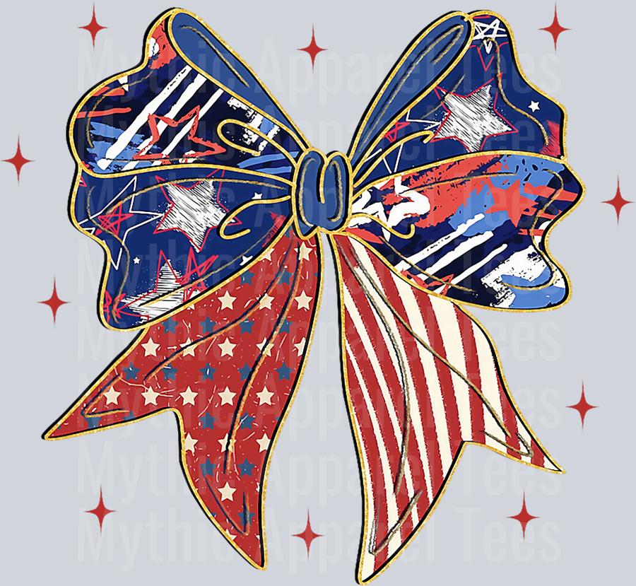 Red White and Blue bow with gold outline and drawn stars DTF Patriotic Transfers