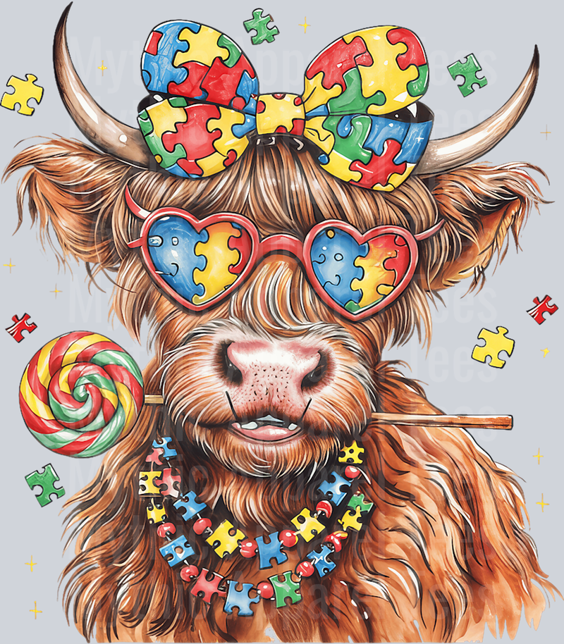Autism Awareness Highland Cow with Lollipop DTF Highland Cow Transfers