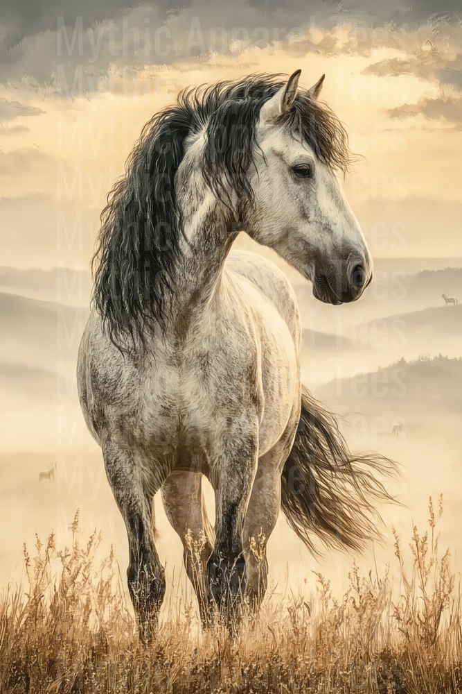 Majestic Dapple Grey Horse with Flowing Black Mane in Misty Golden Meadow Landscape