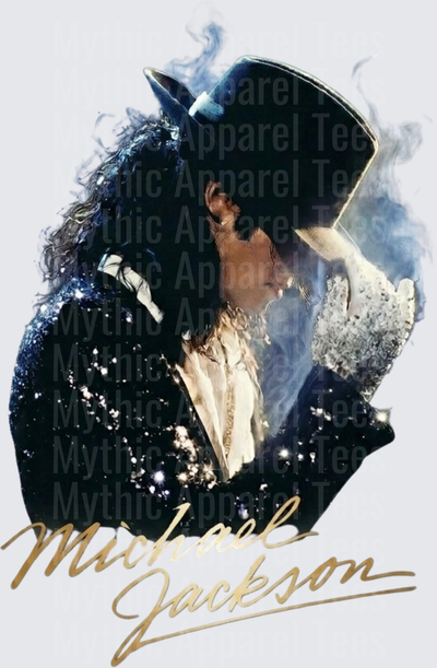 Michael Jackson Iconic Fedora Hat Pose with Sparkling Smoke Effect and Gold Signature Script