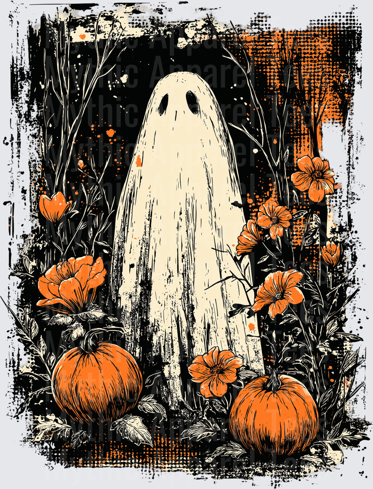 Distressed Halloween Ghost Among Orange Marigolds and Pumpkins in Grunge Vintage Garden Setting