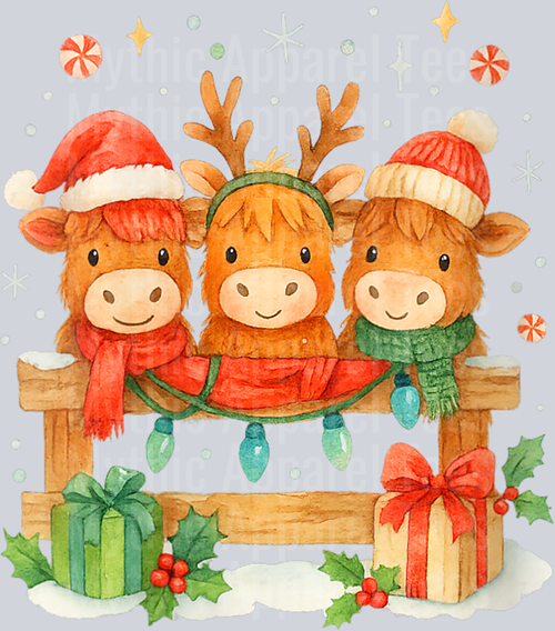 Womens Highland Cow Christmas Trio Cute Holiday Watercolor V-Neck T-Shirt