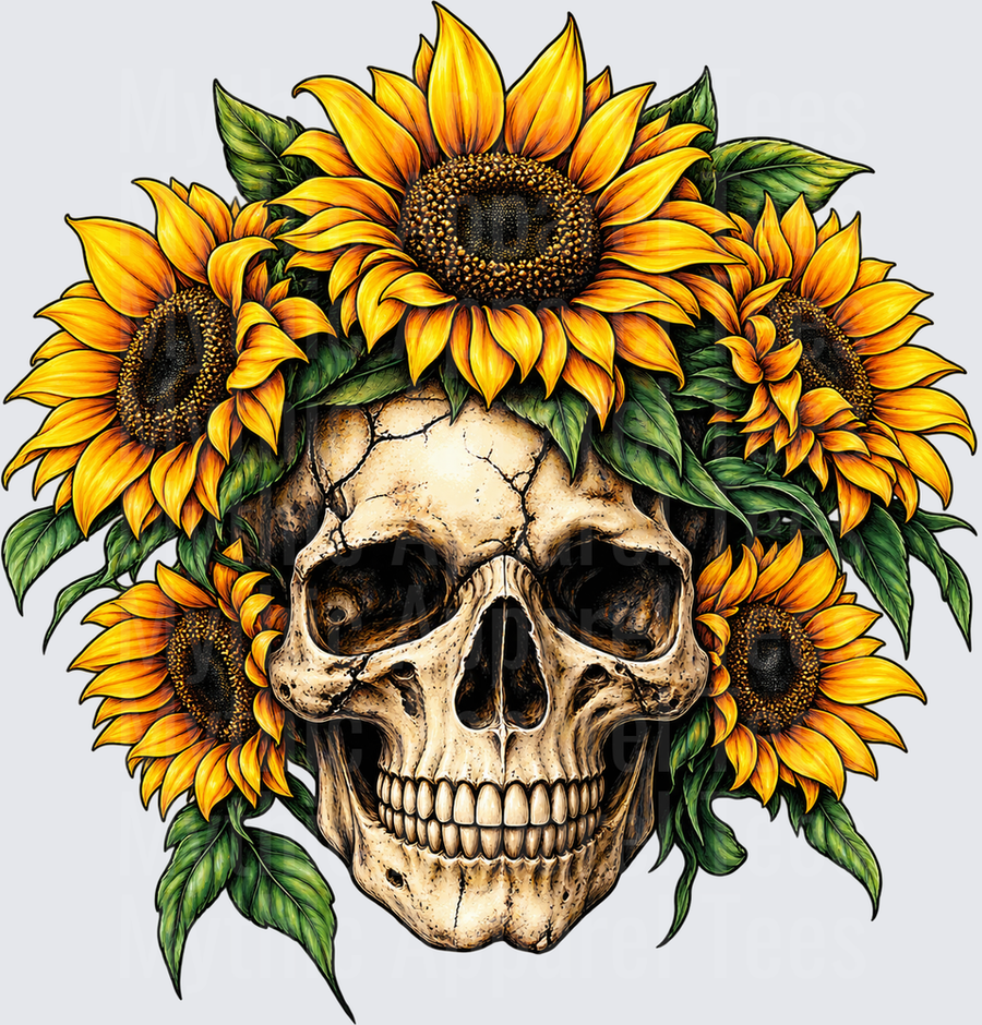 Cracked Human Skull Crowned with Vibrant Yellow Sunflowers and Green Leaves